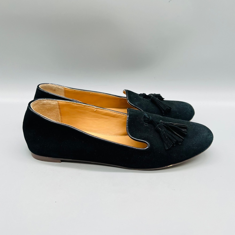 J Crew Shoes Womens 7 Black Suede Tassel Slip On Loafer Flats Classic Comfort